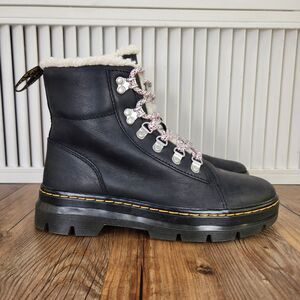 Dr Martens Combs Black Leather Boots Womens Sz 9 Combat Faux Fur Lined Goth Punk